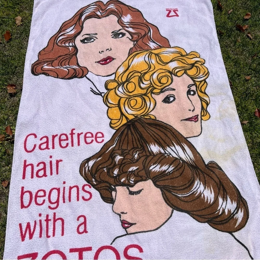 VTG 70s Cannon Advertising Beach Towel Zotos Salon Perm Pink Fringe 42x58 READ